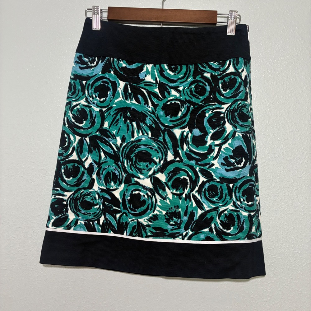 Ann Taylor Teal Black Floral Pique Pencil Skirt Side Zip Size 0
